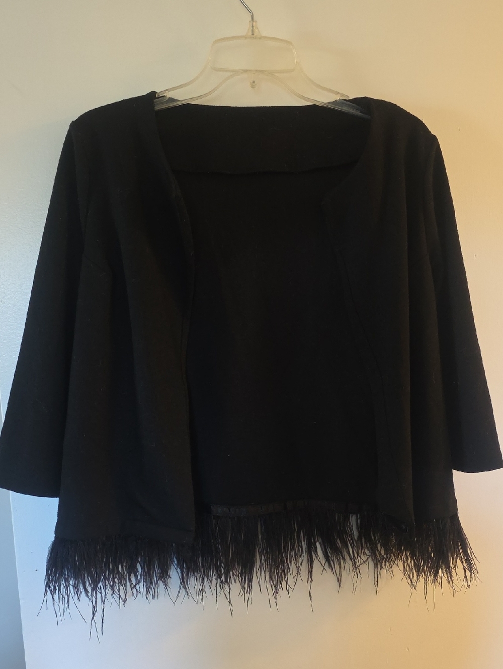 Black Feather-Hem Open Cardigan Sweater